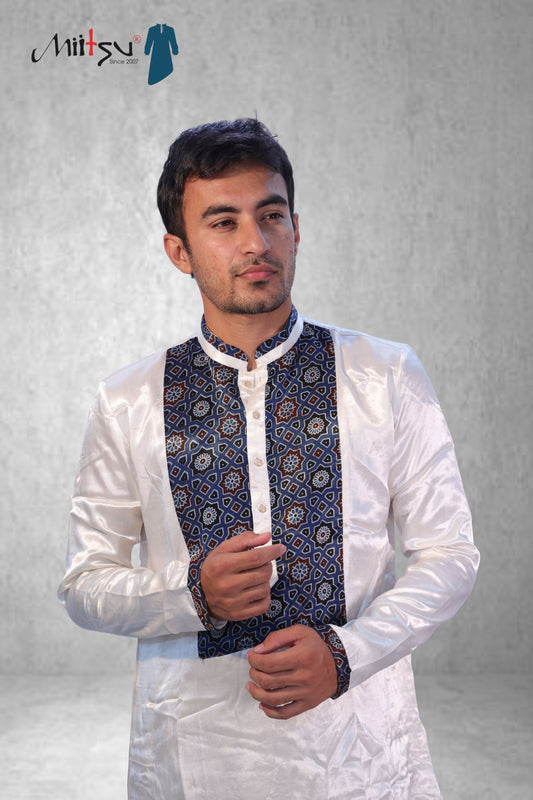 Royal White Ajrakh Detailed Silk Kurta (2792)