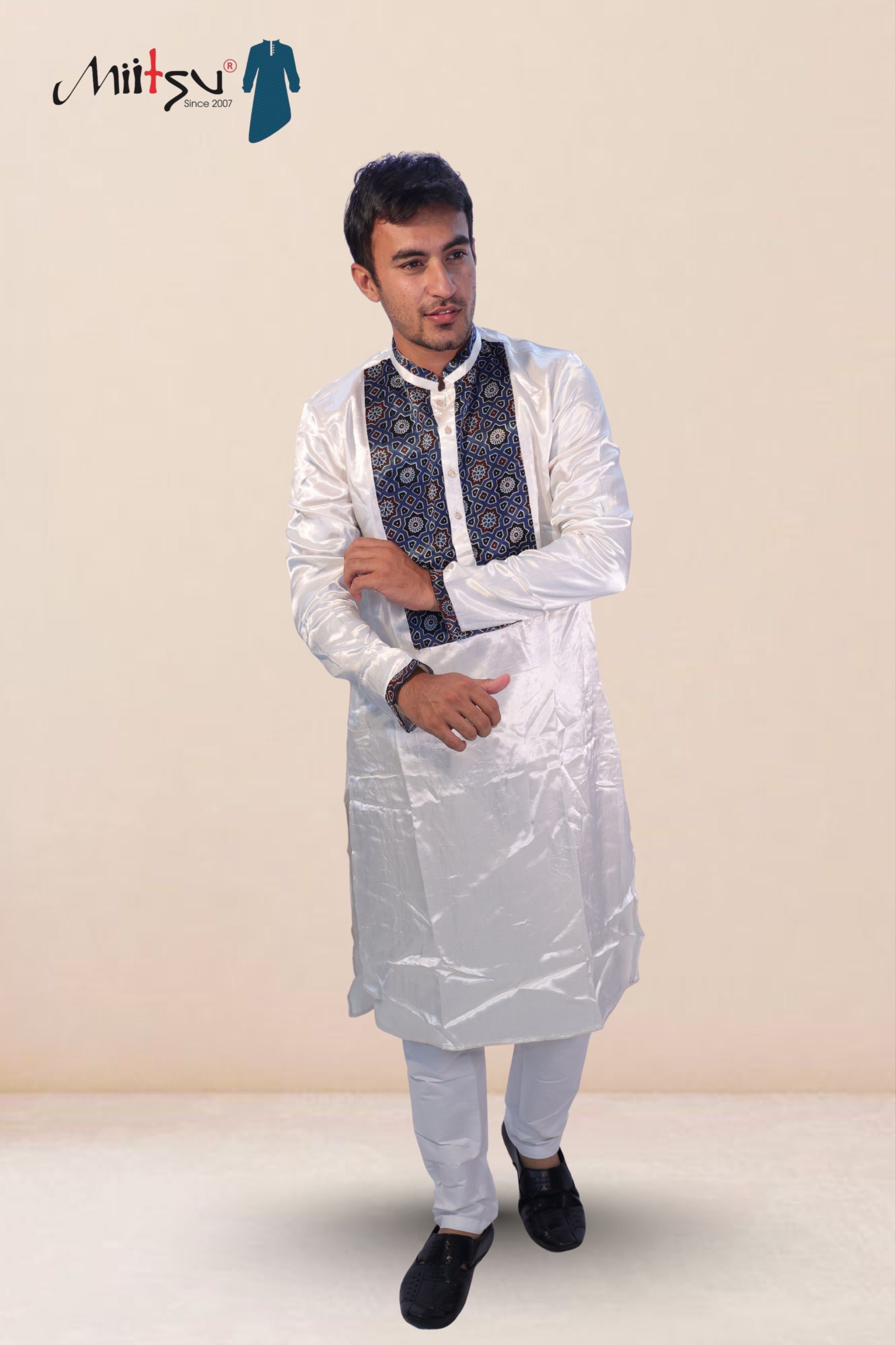 Royal White Ajrakh Detailed Silk Kurta (2792)
