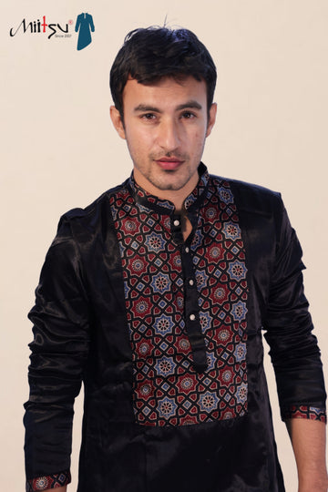 Men's Black Silk Kurta with Ajrak-Inspired Embroidery (2792)