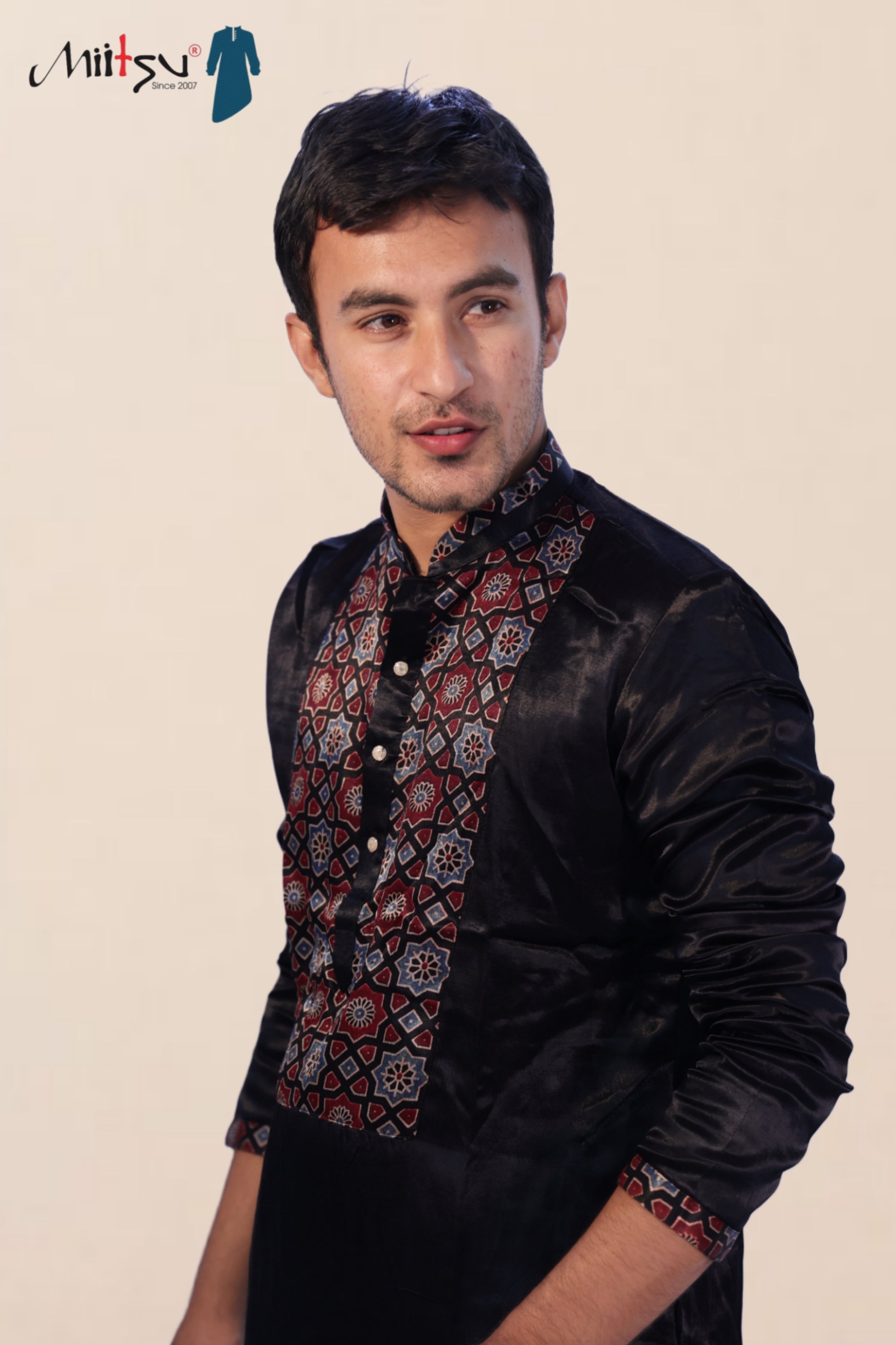Men's Black Silk Kurta with Ajrak-Inspired Embroidery (2792)