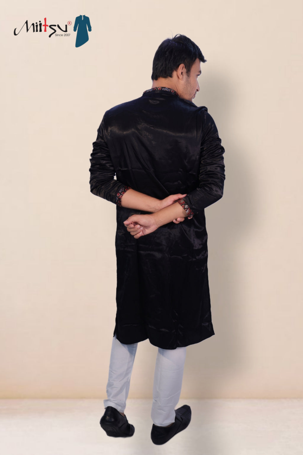 Men's Black Silk Kurta with Ajrak-Inspired Embroidery (2792)