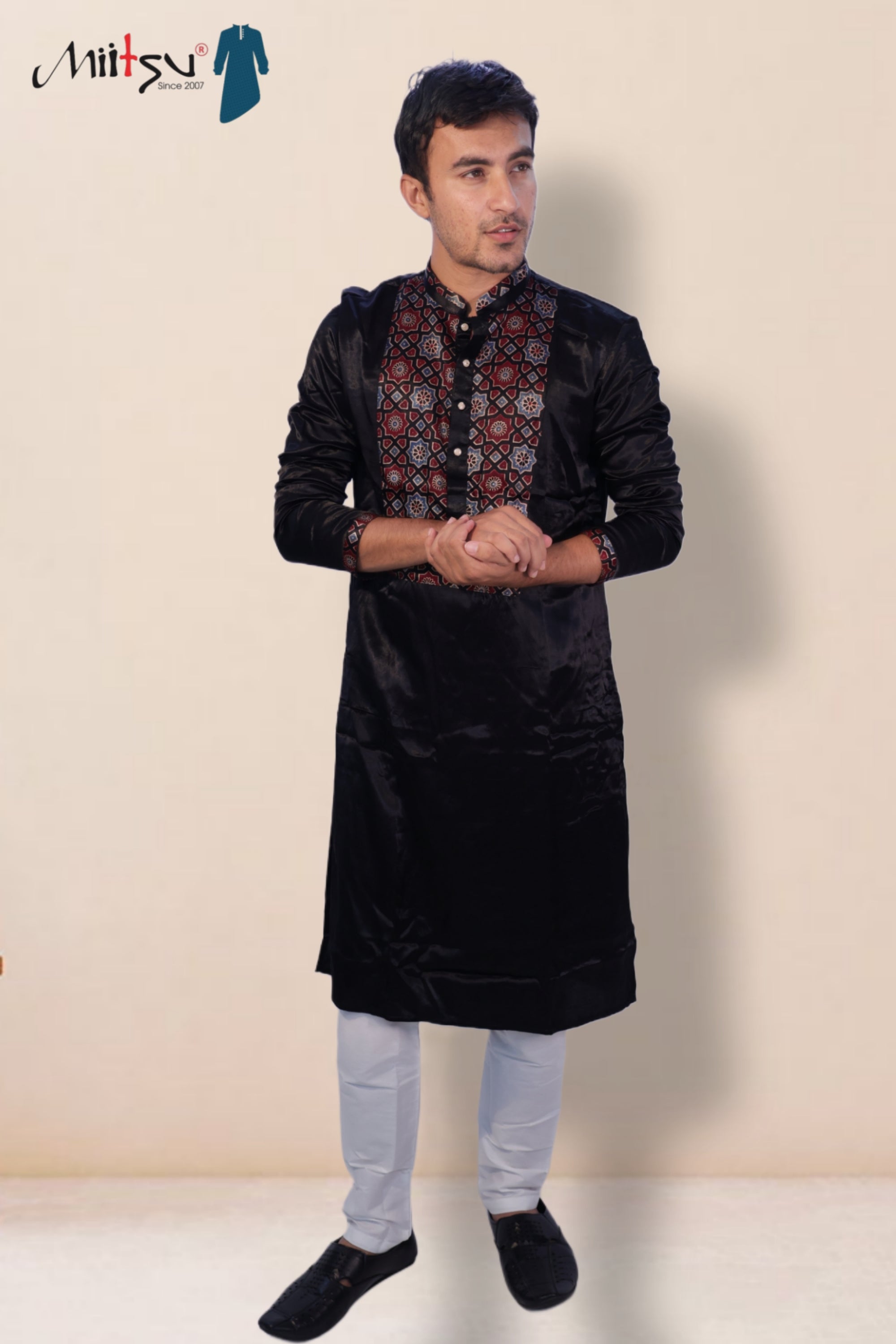 Men's Black Silk Kurta with Ajrak-Inspired Embroidery (2792)