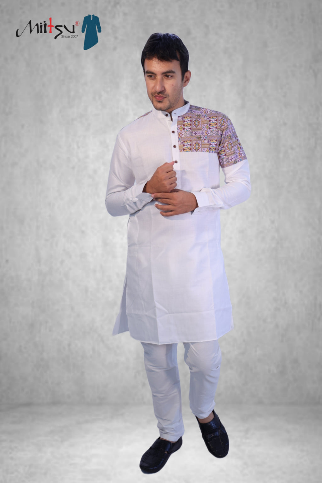 White Cotton Kurta with Dual-Side Ethnic Print (280)