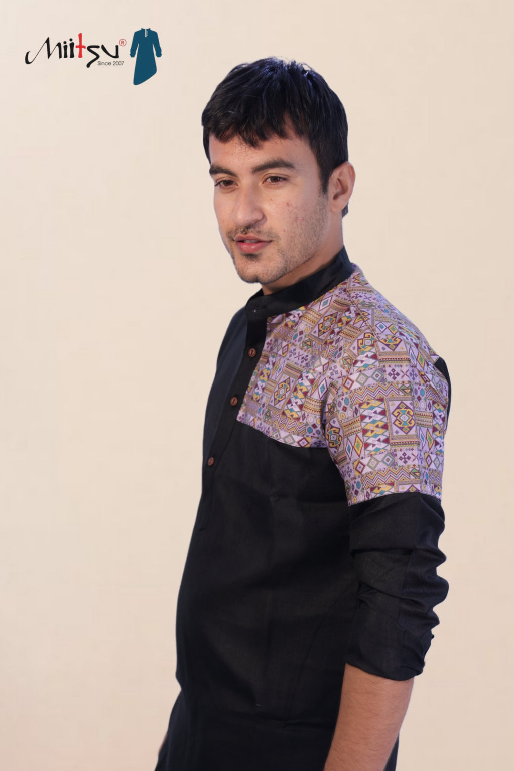 Regal Black Kurta with Ajrakh-Inspired Patchwork (280)