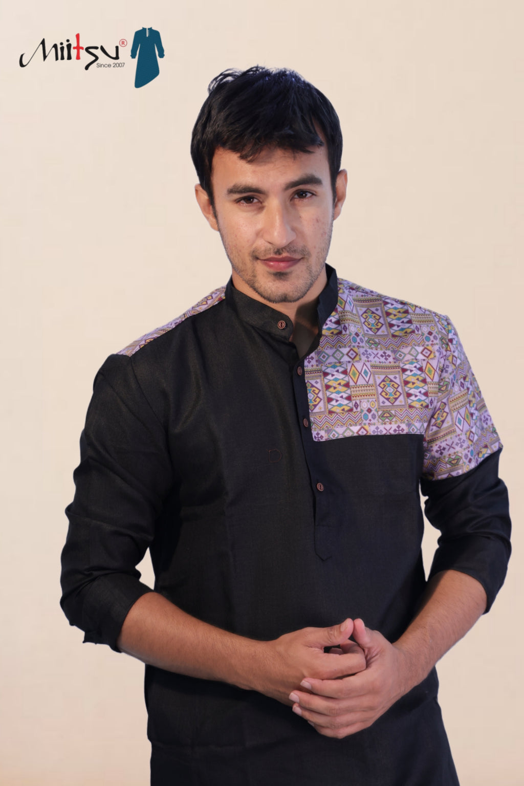 Regal Black Kurta with Ajrakh-Inspired Patchwork (280)