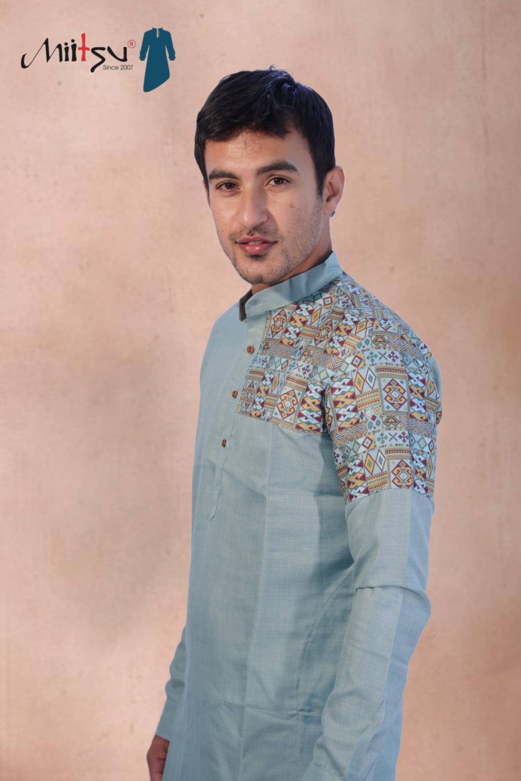 Light Mint Cotton Kurta with Printed Shoulder Design (280)