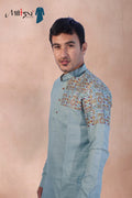 Light Mint Cotton Kurta with Printed Shoulder Design (280)