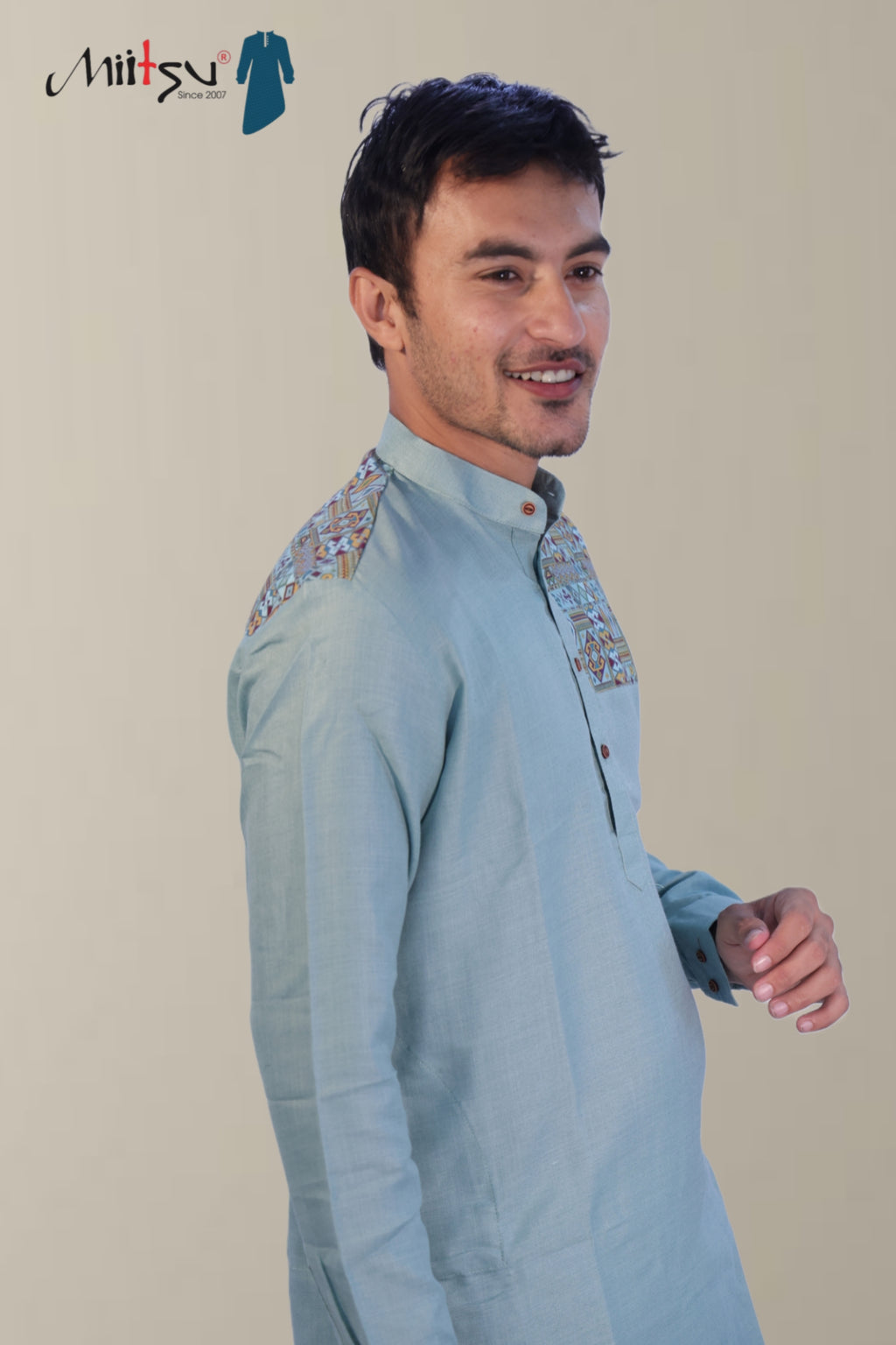Light Mint Cotton Kurta with Printed Shoulder Design (280)