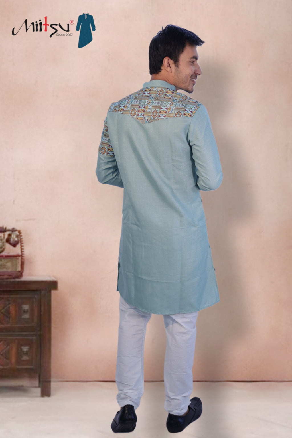 Light Mint Cotton Kurta with Printed Shoulder Design (280)