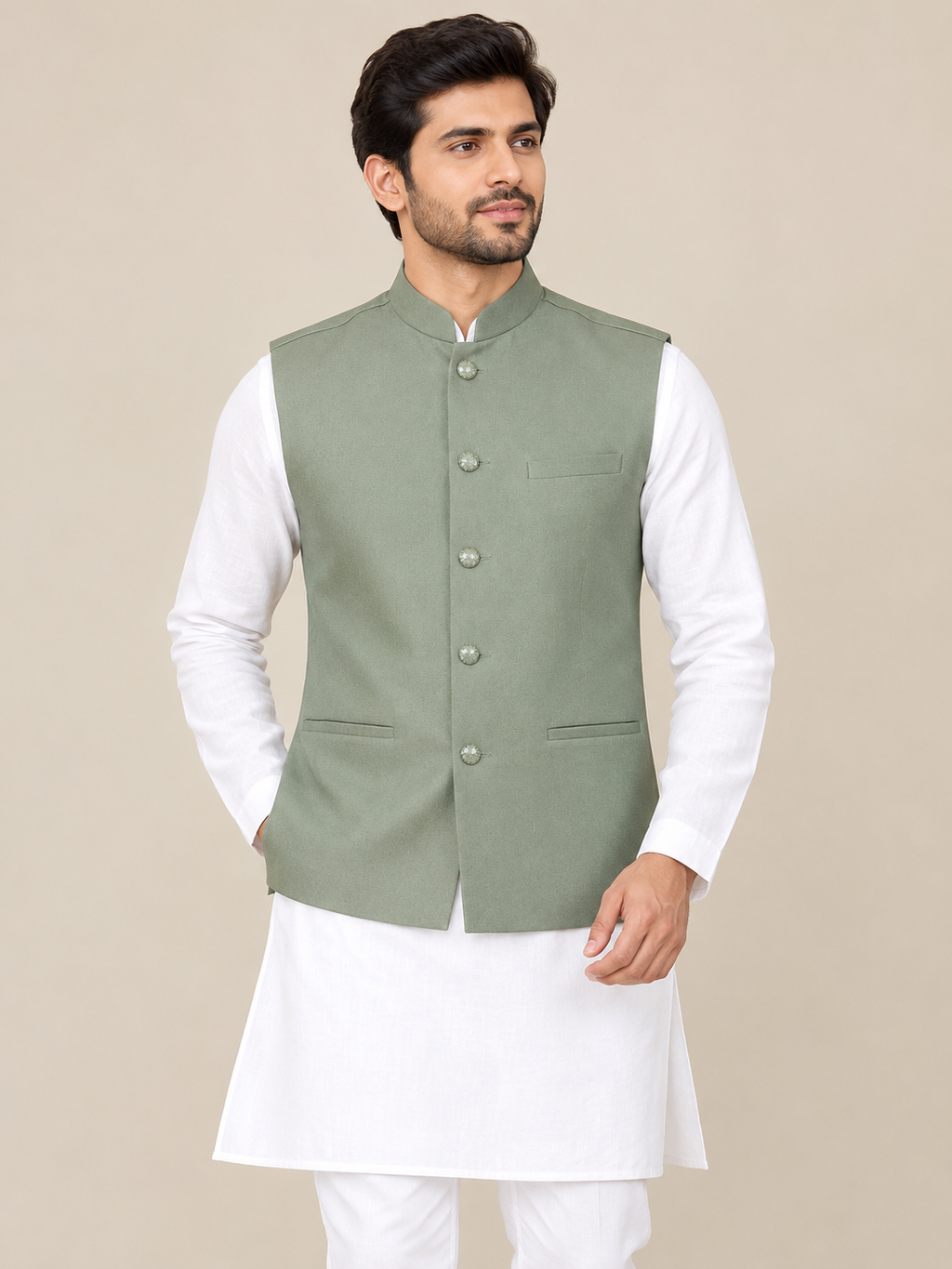 Structured Pastel Olive Traditional Vest(377)