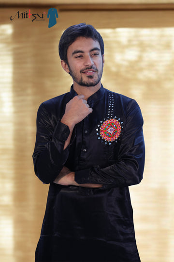 Black Mashroo Kurta with Kutchi Work Patch (2783)