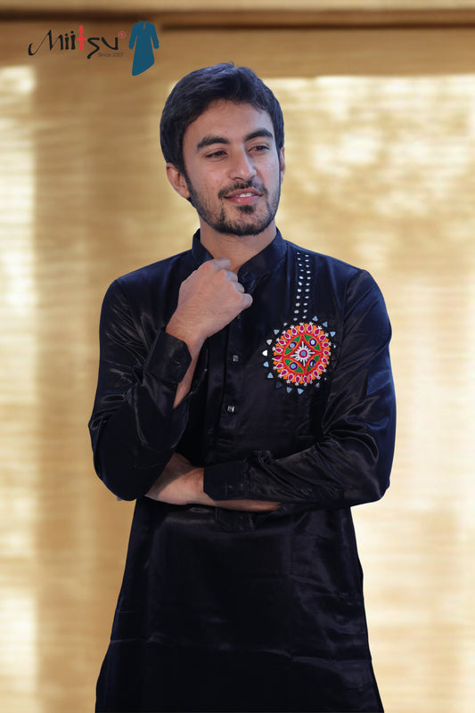 Black Mashroo Kurta with Kutchi Work Patch (2783)