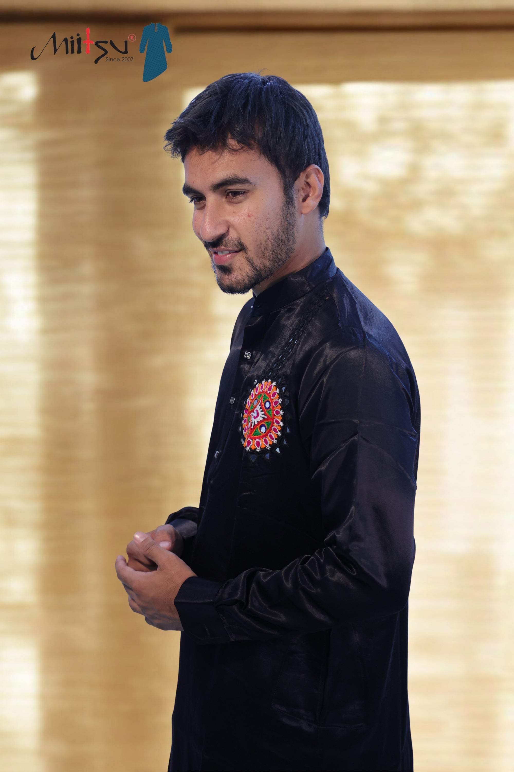Black Mashroo Kurta with Kutchi Work Patch (2783)