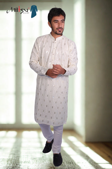 Elegant White Embroidered Kurta Pajama Set (10082)
