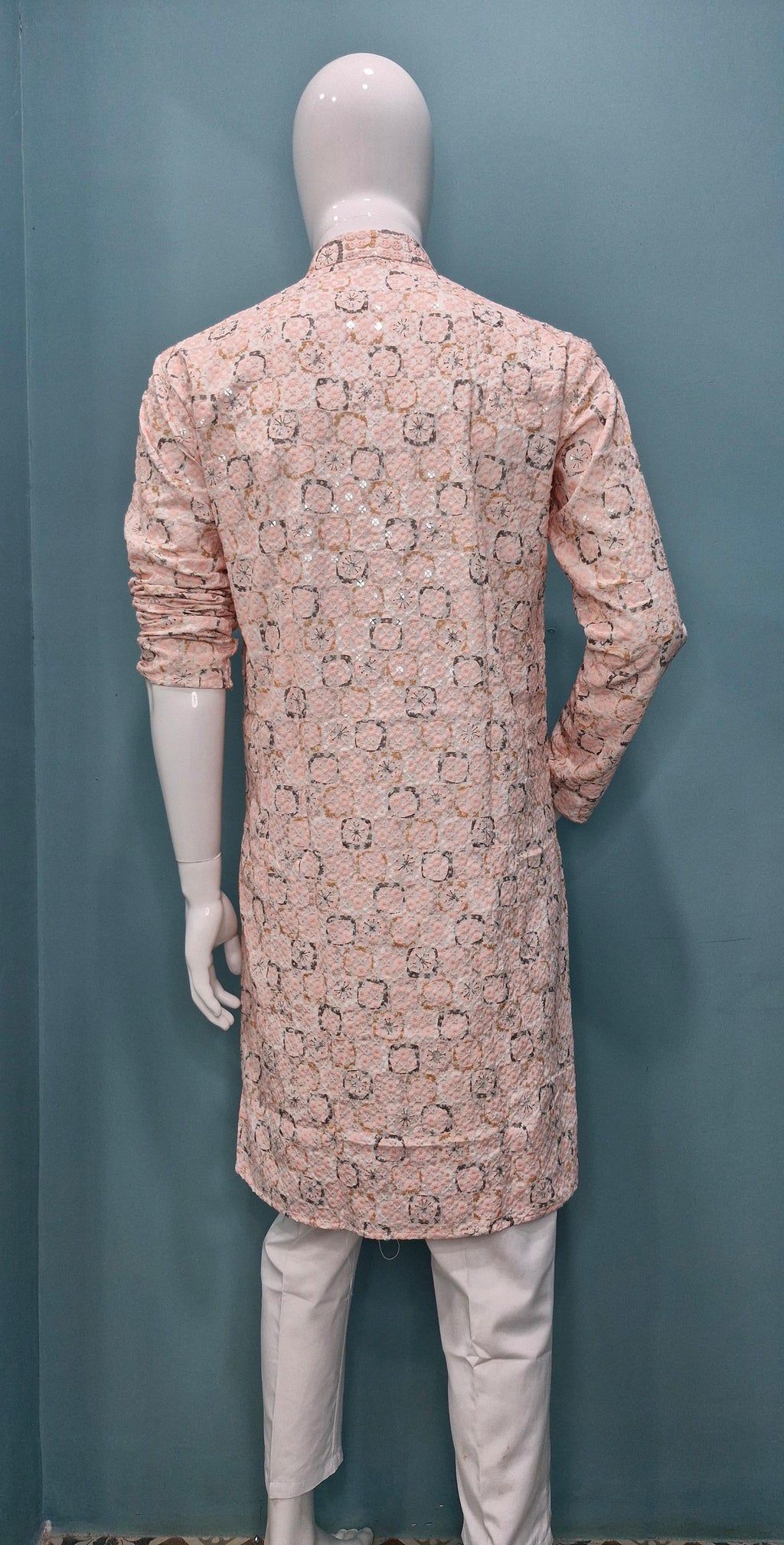 Men’s Embroidered Pastel Kurta – Floral Textured Elegance (1642)