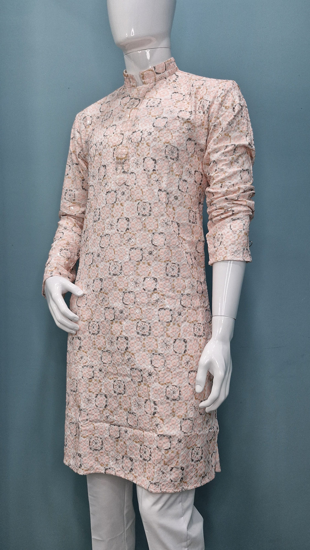 Men’s Embroidered Pastel Kurta – Floral Textured Elegance (1642)
