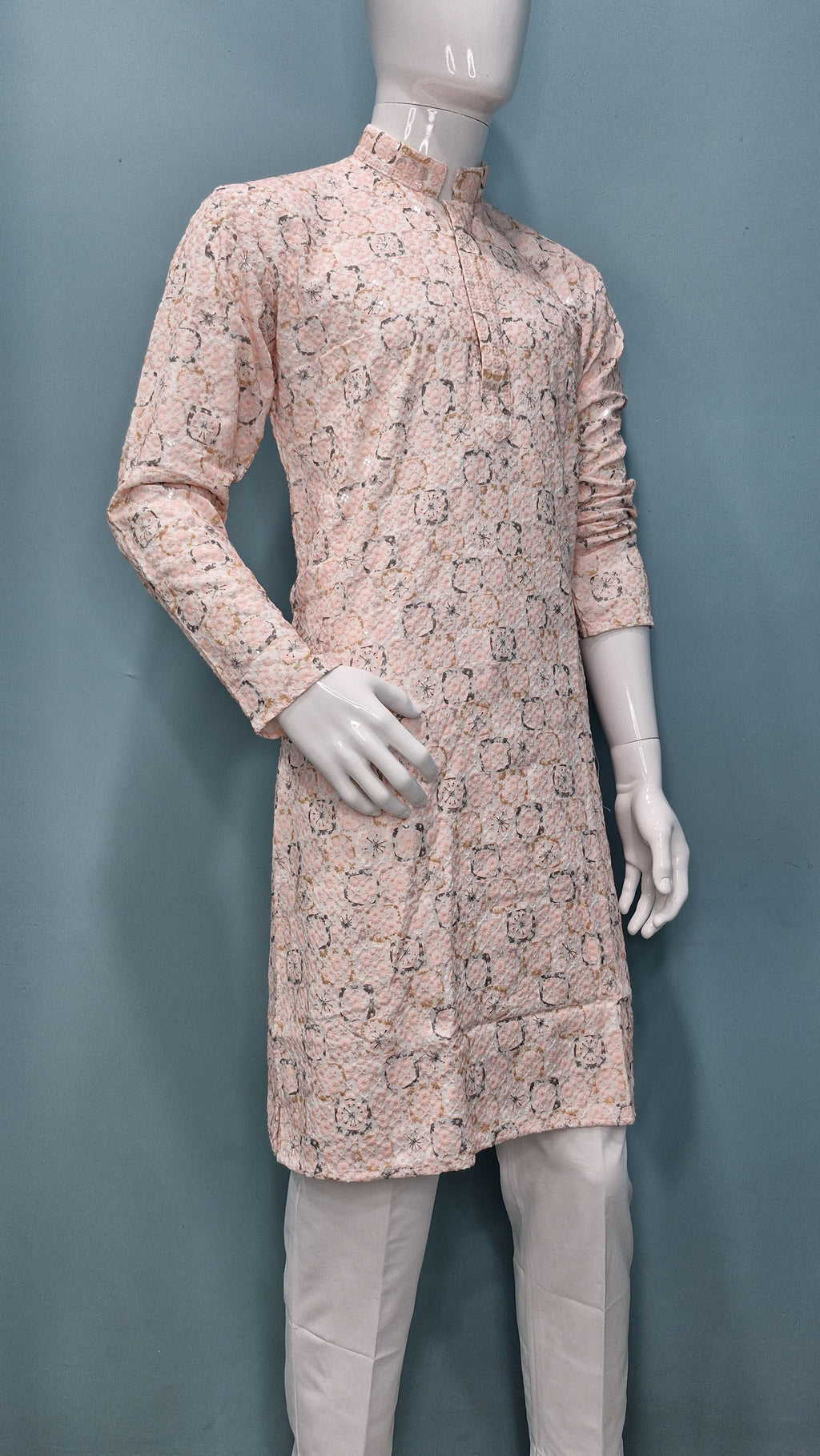 Men’s Embroidered Pastel Kurta – Floral Textured Elegance (1642)