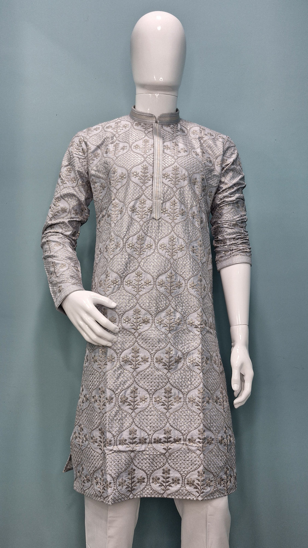 Men's Silver Grey Embroidered Silk Jacquard Kurta Set (10012)