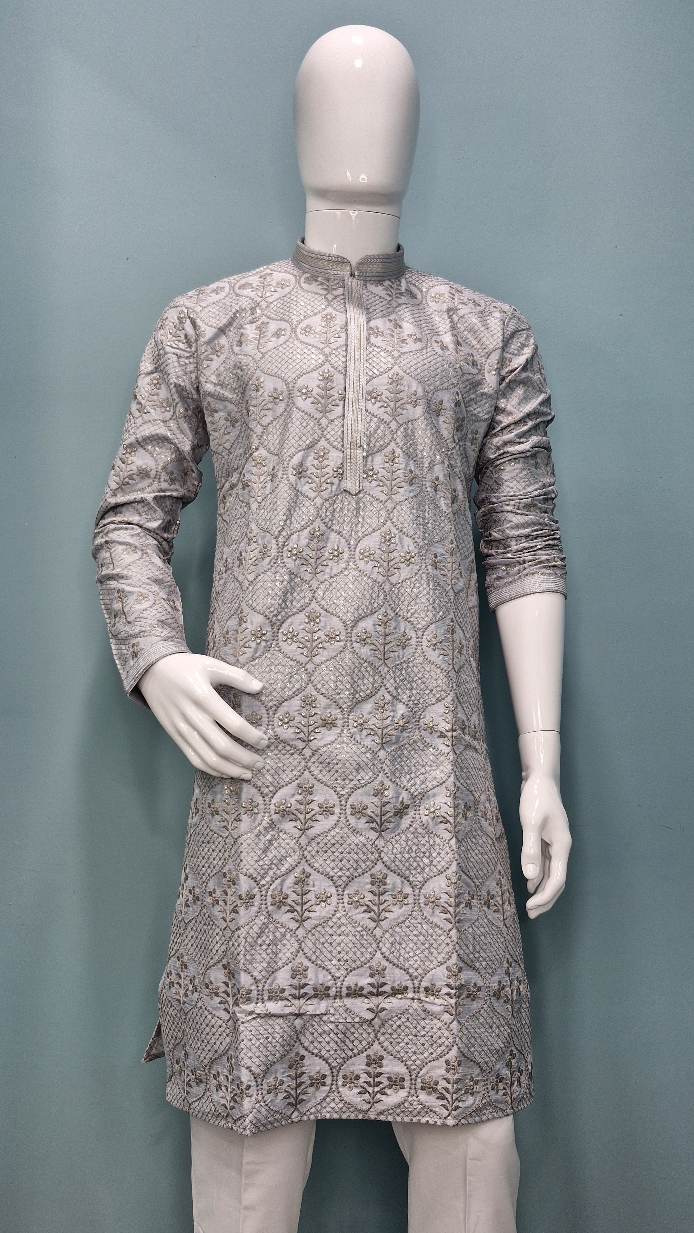 Men's Silver Grey Embroidered Silk Jacquard Kurta Set (10012)