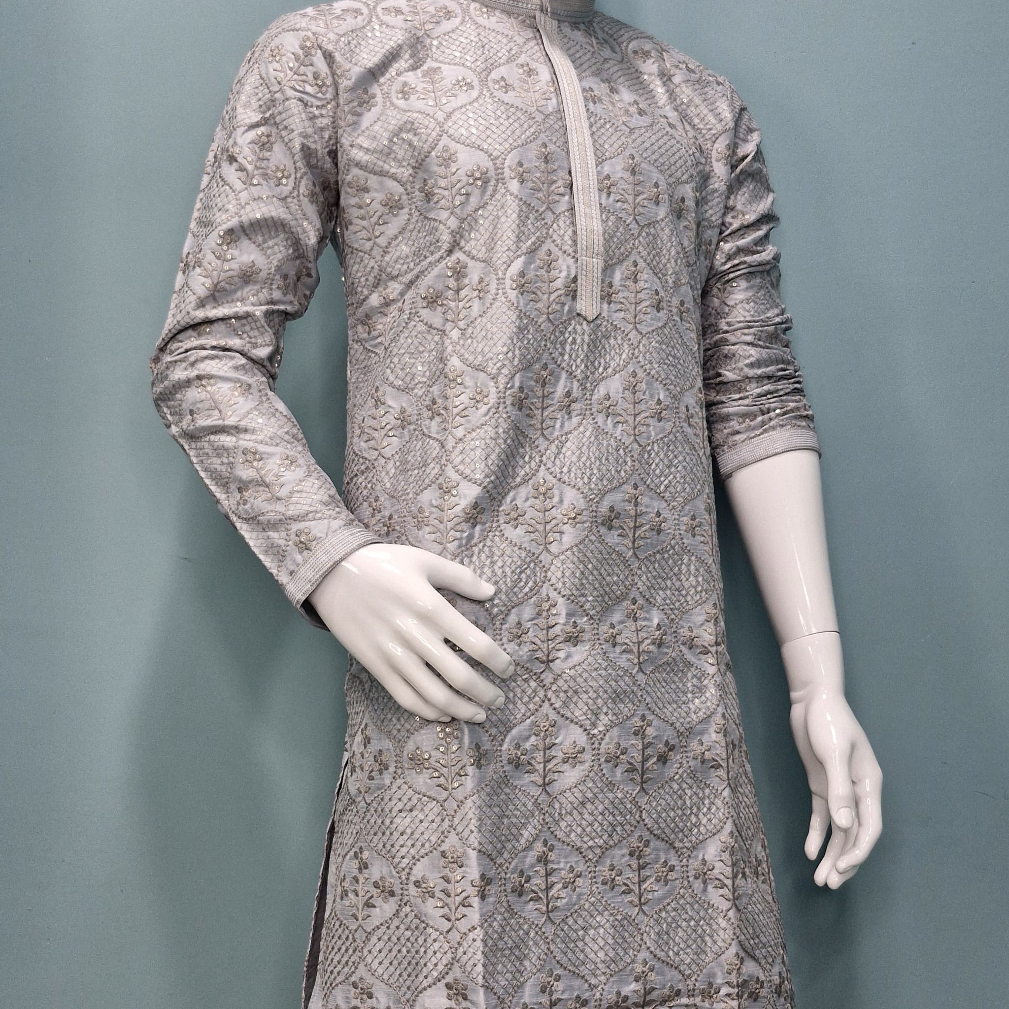 Silver Grey Embroidered Silk Jacquard Kurta Set (10012)