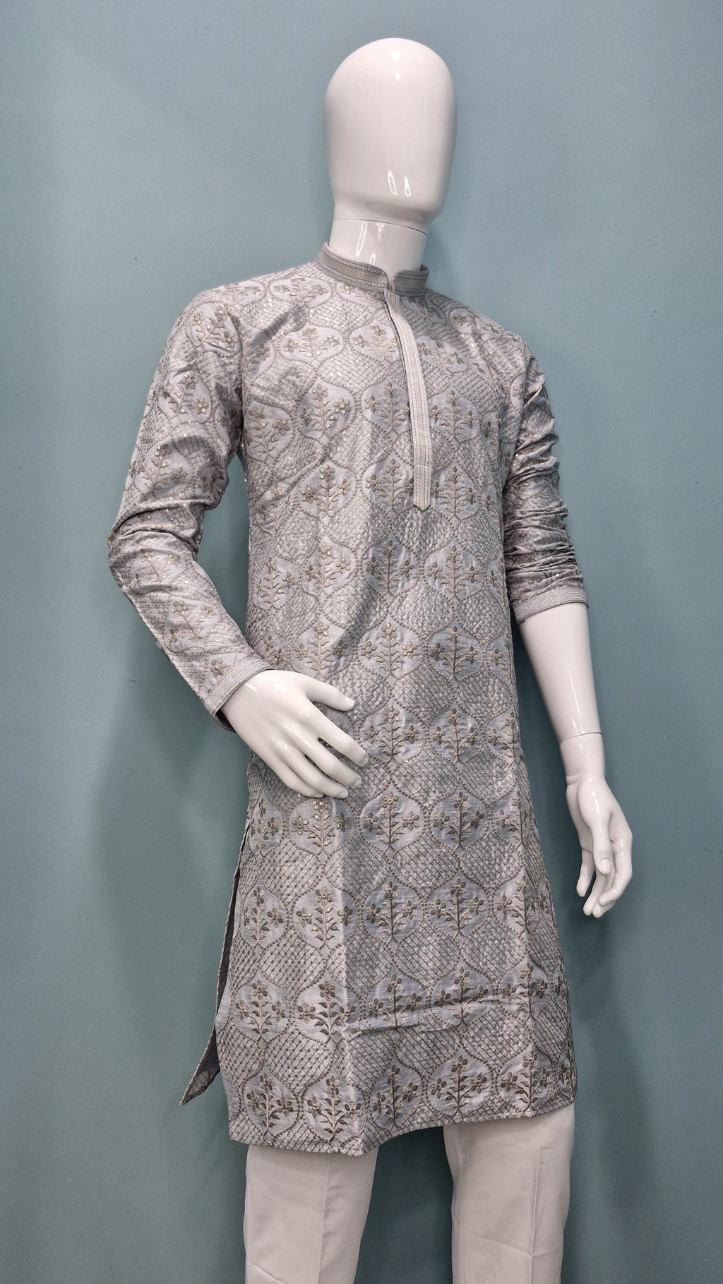 Men's Silver Grey Embroidered Silk Jacquard Kurta Set (10012)