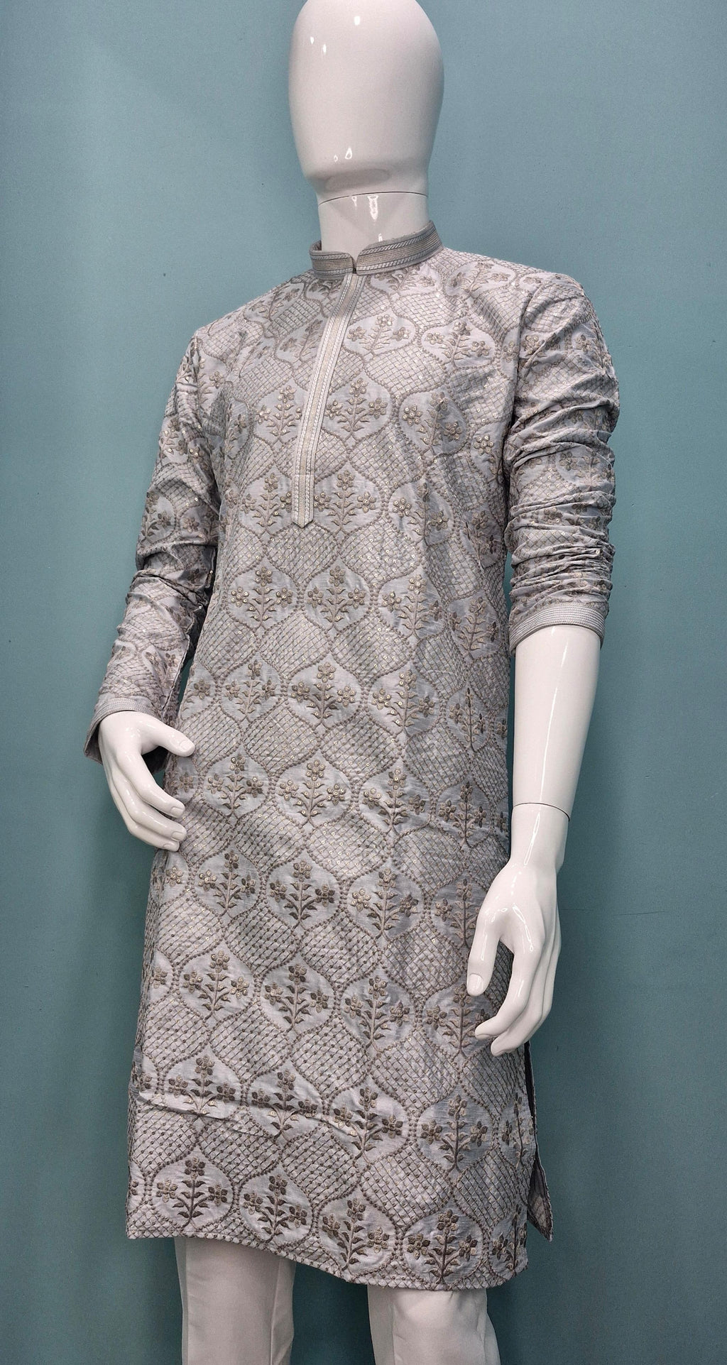 Men's Silver Grey Embroidered Silk Jacquard Kurta Set (10012)