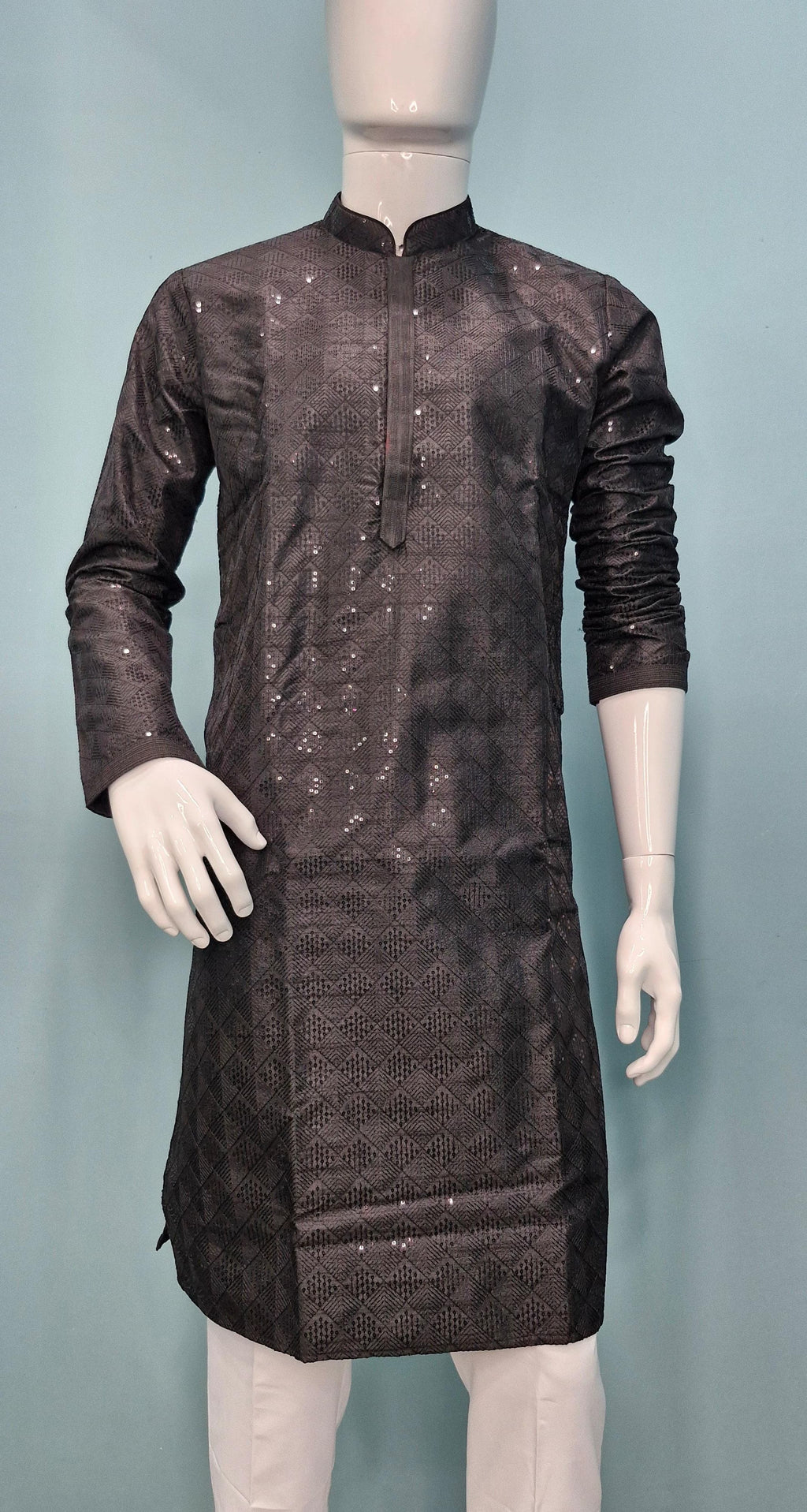 Men's Black Embroidered Kurta with White Pajama Set (10088)