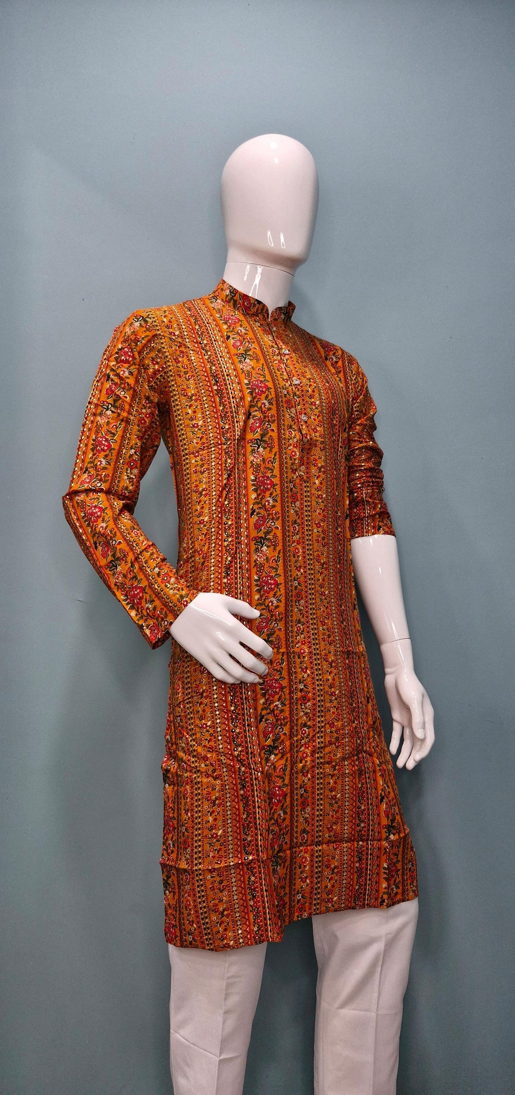Men's Traditional Printed Kurta – Mustard & Floral Design (2010)