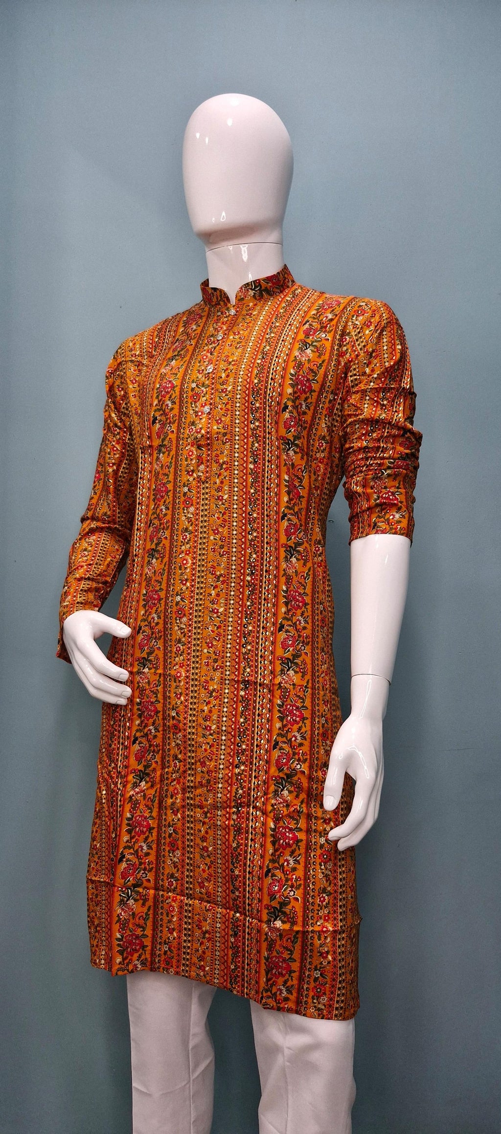 Men's Traditional Printed Kurta – Mustard & Floral Design (2010)