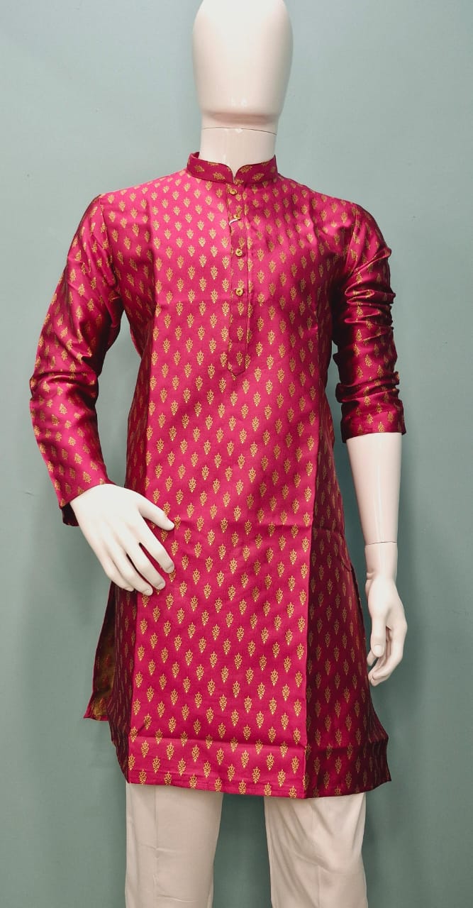 Men's Festive Banarasi Kurta – Magenta with Gold (Brocade Pattern)