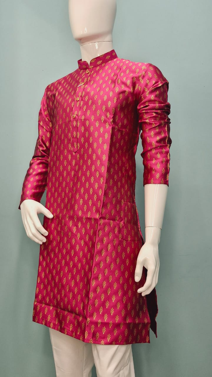 Men's Festive Banarasi Kurta – Magenta with Gold (Brocade Pattern)