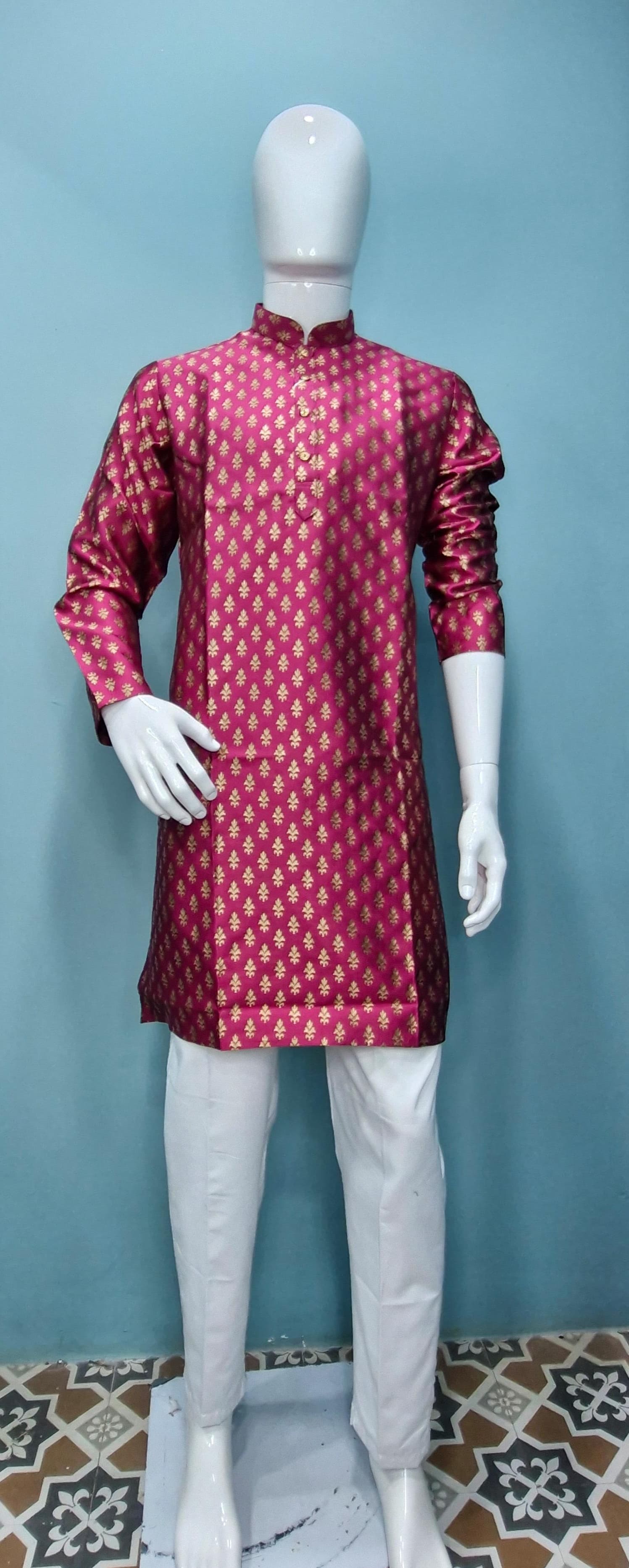 Men's Festive Banarasi Kurta – Magenta with Gold (Brocade Pattern)