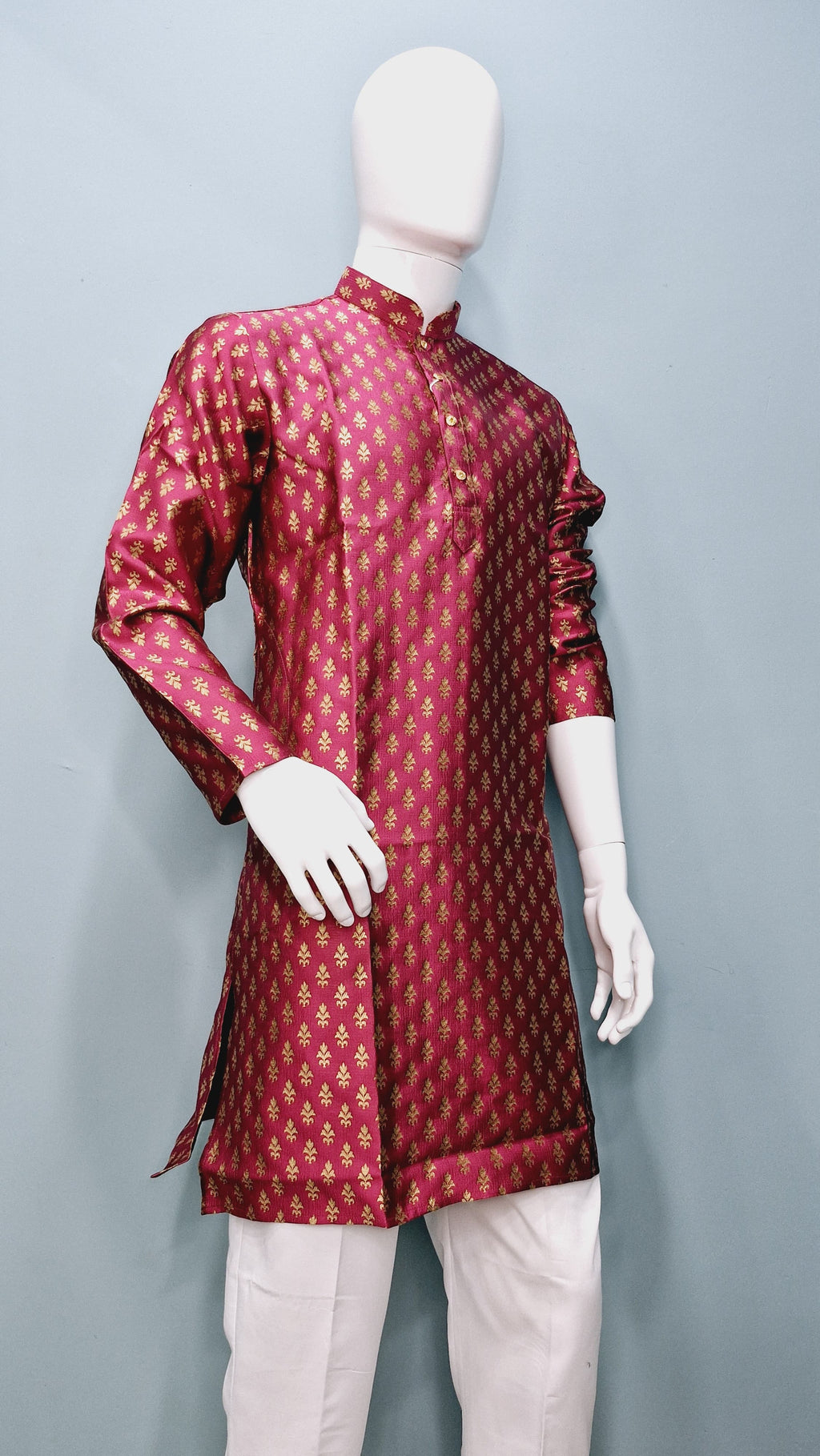 Men's Festive Banarasi Kurta – Magenta with Gold (Brocade Pattern)