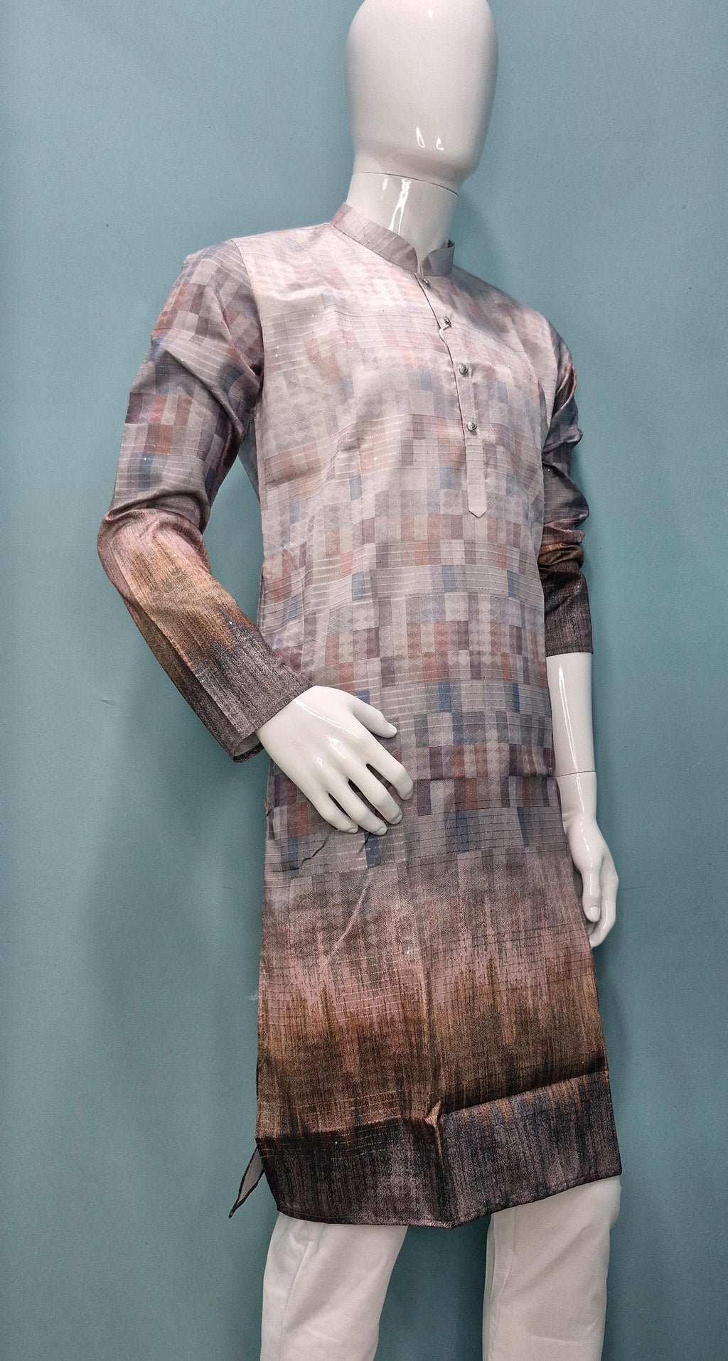 Men’s Jacquard Kurta with Subtle Pastel Check Pattern(2020)