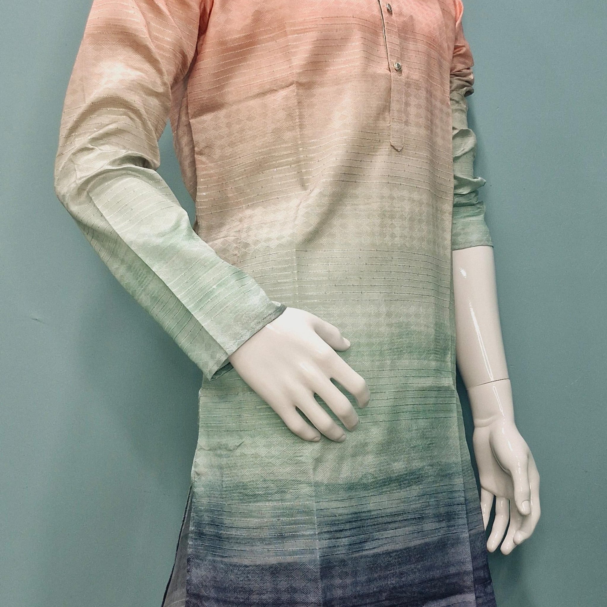 Men’s Sunset Ombre Kurta – Peach, Mint &amp; Indigo Gradient | Trendy Festive Kurta for Modern Ethnic Wear(2020)