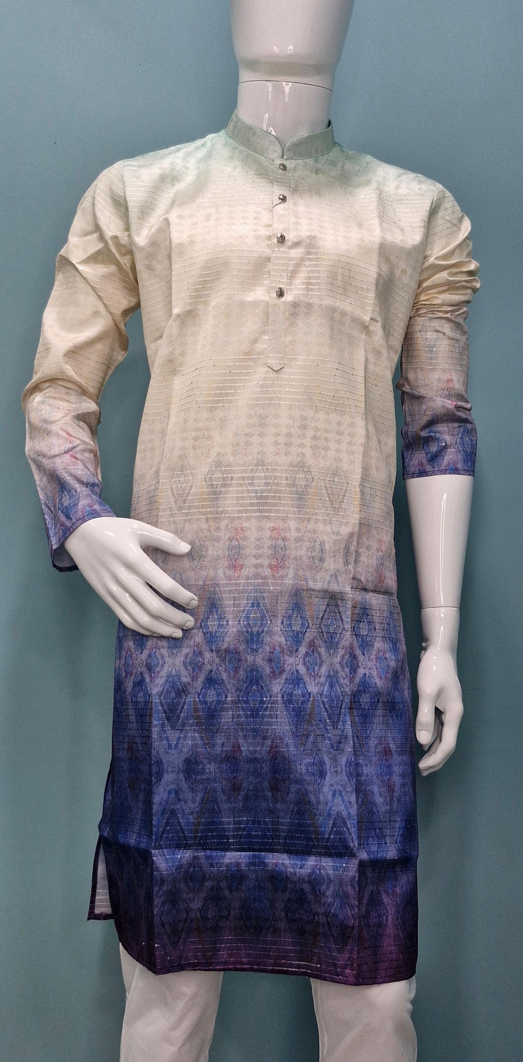 Men’s Ivory to Indigo Ombre Kurta with Geometric Ikat Pattern | Luxe Festive &amp; Fusion Wear(2020)