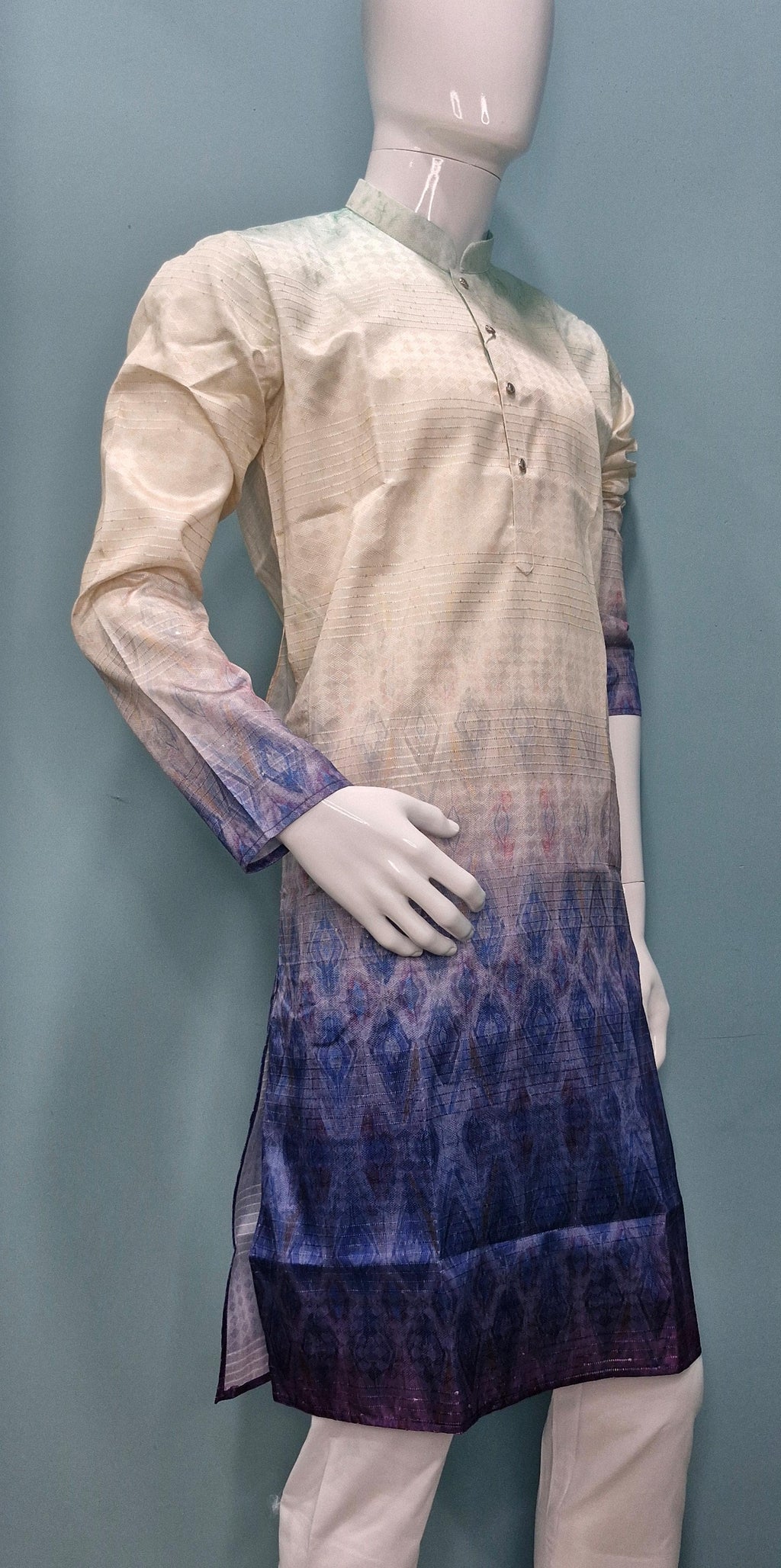 Men’s Ivory to Indigo Ombre Kurta with Geometric Ikat Pattern | Luxe Festive &amp; Fusion Wear(2020)