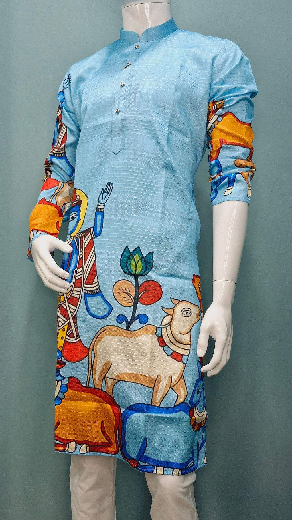Men’s Sky Blue Madhubani Kurta Set – Krishna &amp; Cow Motif | Handcrafted Ethnic Wear (9685)