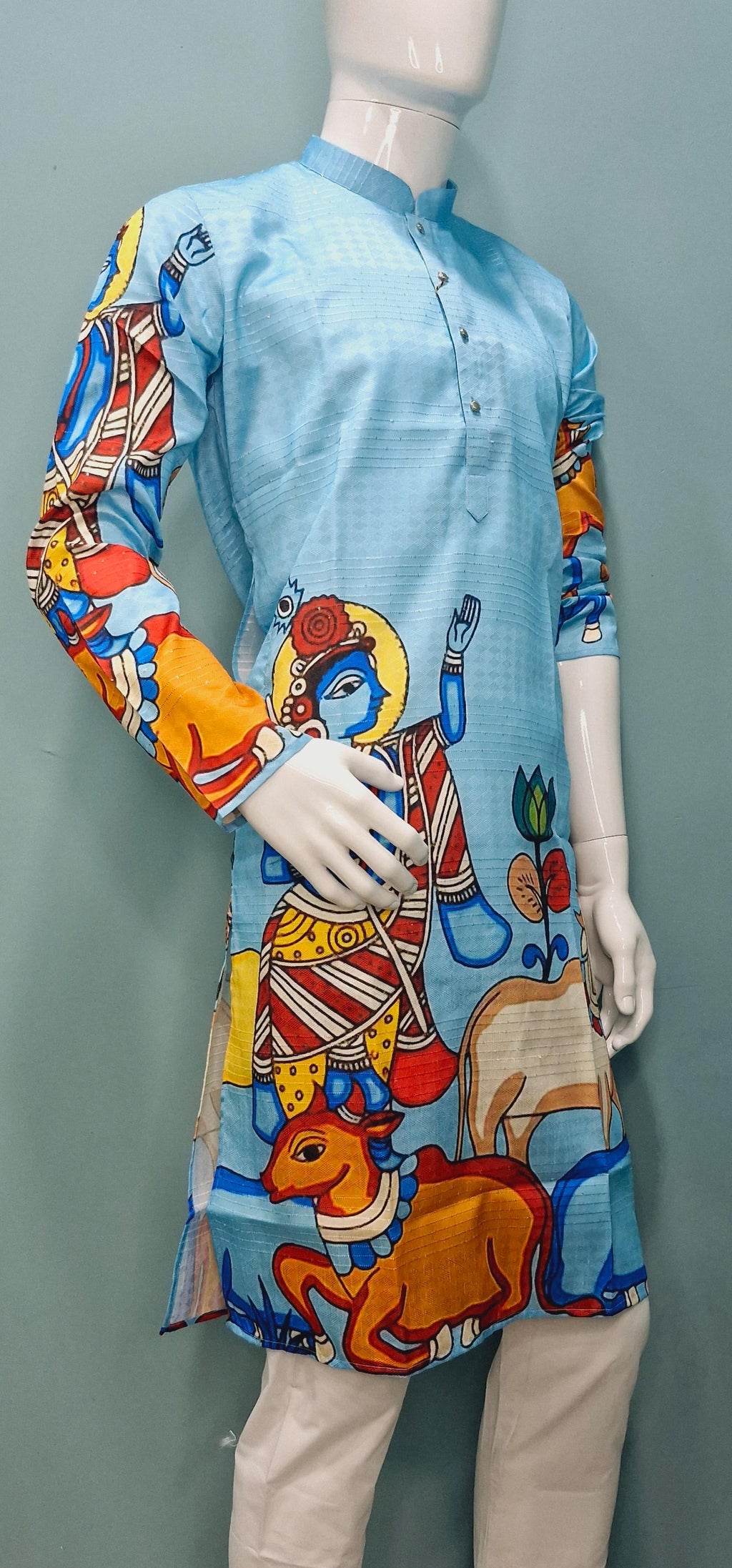 Men’s Sky Blue Madhubani Kurta Set – Krishna &amp; Cow Motif | Handcrafted Ethnic Wear (9685)