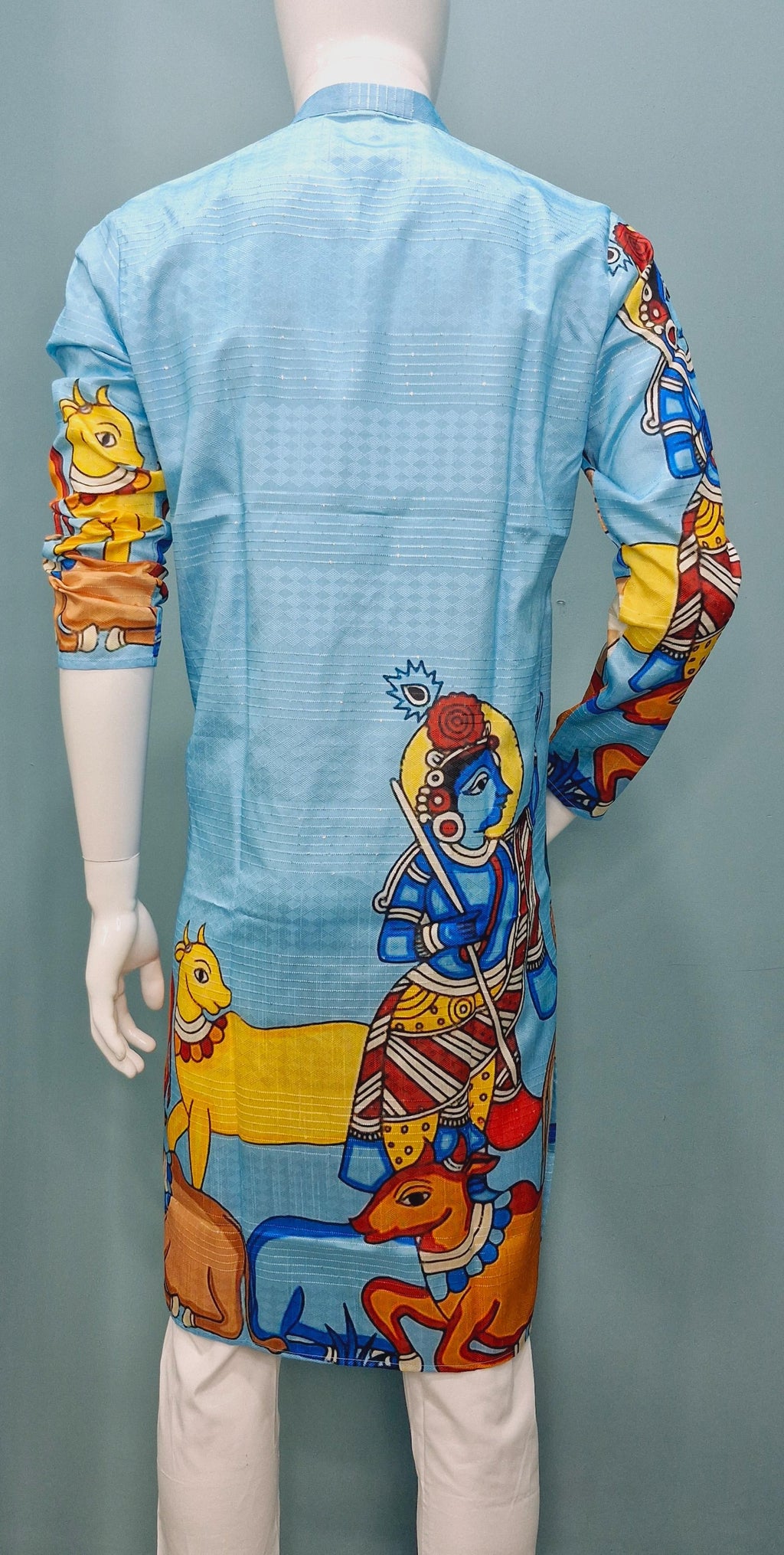 Men’s Sky Blue Madhubani Kurta Set – Krishna &amp; Cow Motif | Handcrafted Ethnic Wear (9685)