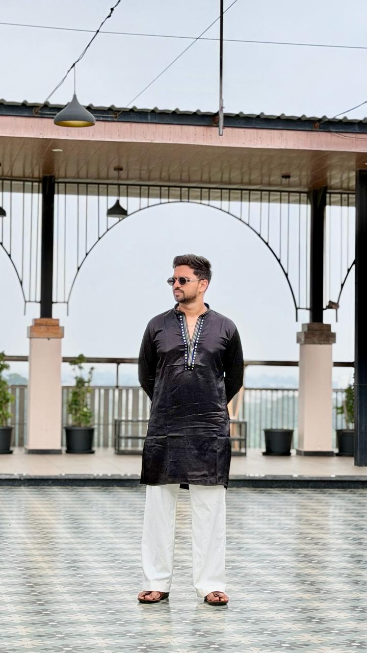 Black Embroidered Silk-Satin Short Kurta (7152)