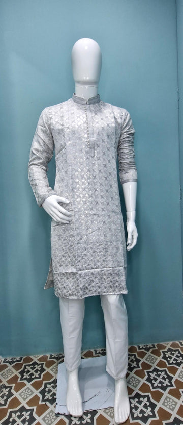 Men’s Silver Geometric Embroidered Kurta Set (60039)