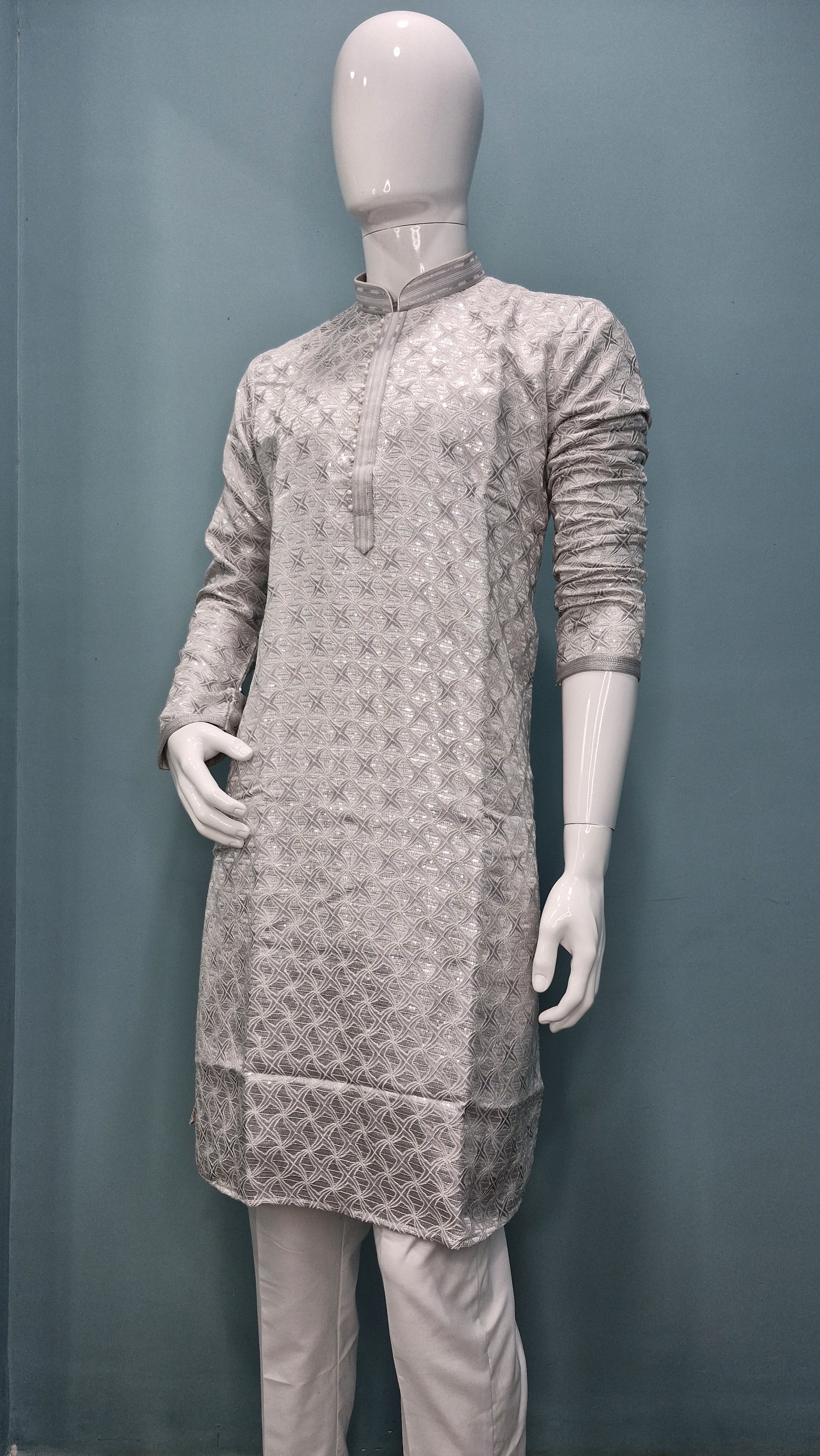 Men’s Silver Geometric Embroidered Kurta Set (60039)
