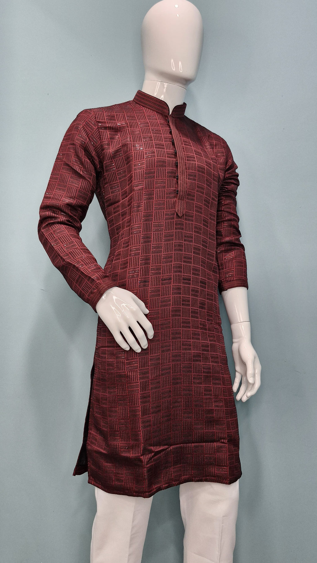 Maroon Textured Silk Blend Kurta Set (6038)