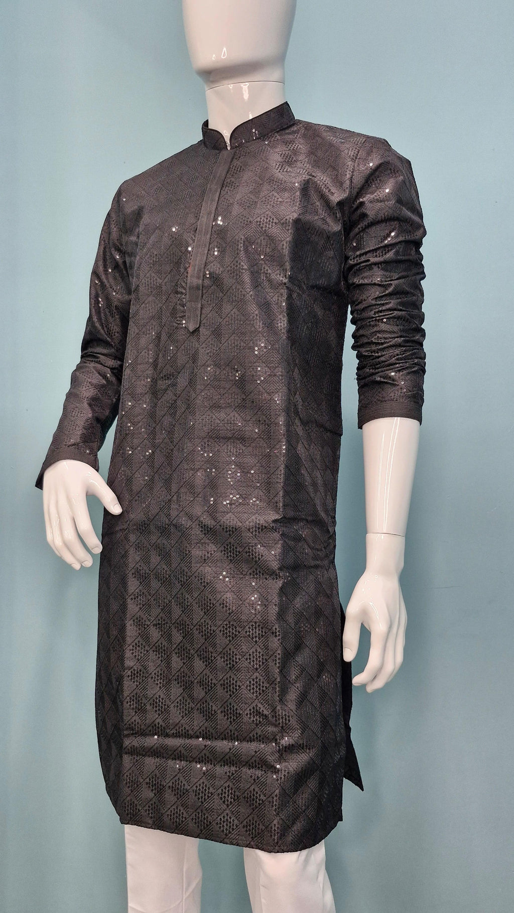 Men's Black Embroidered Kurta with White Pajama Set (10088)