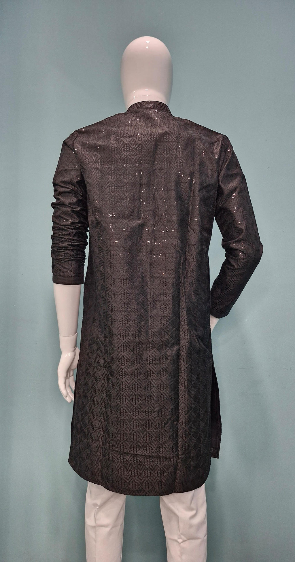 Men's Black Embroidered Kurta with White Pajama Set (10088)