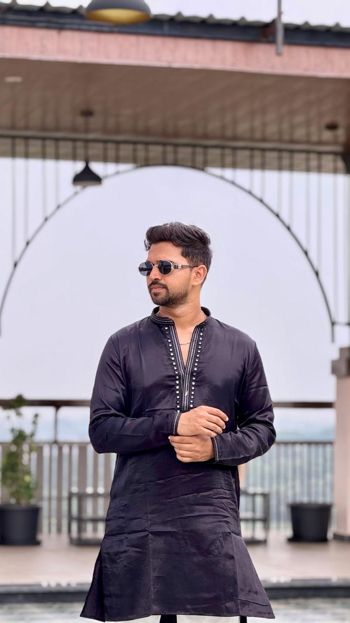 Black Embroidered Silk-Satin Short Kurta (7152)