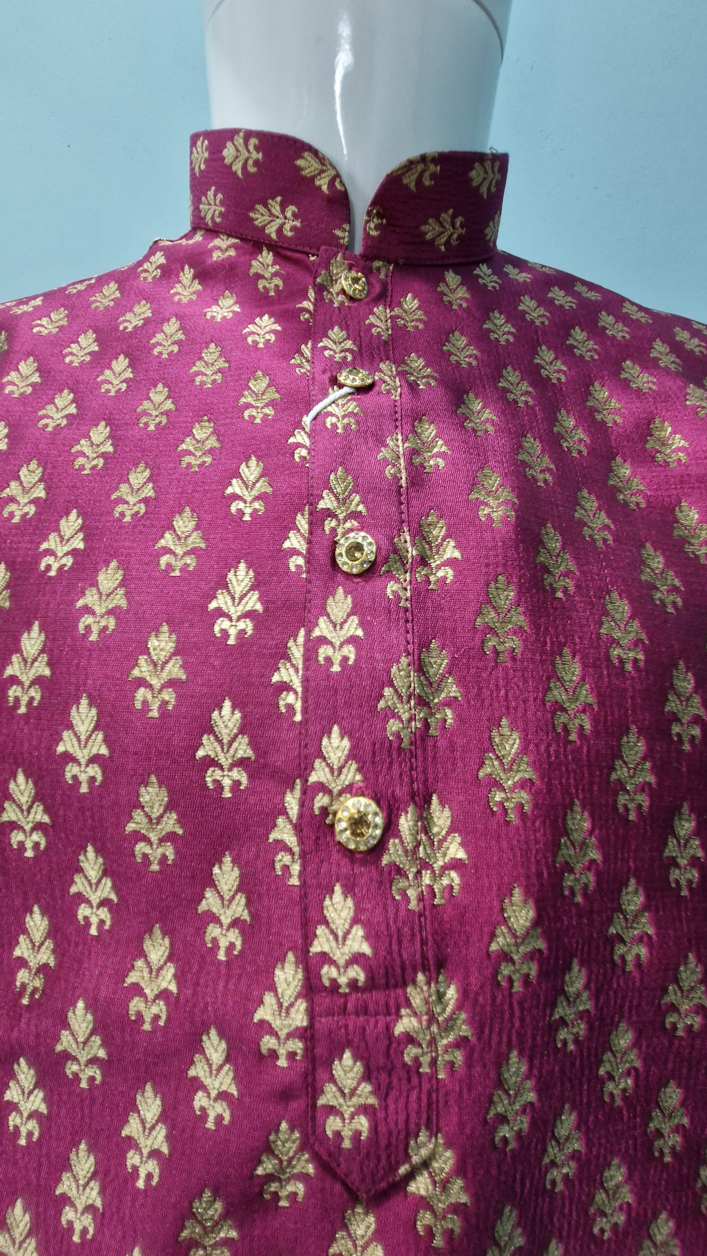 Men's Festive Banarasi Kurta – Magenta with Gold (Brocade Pattern)