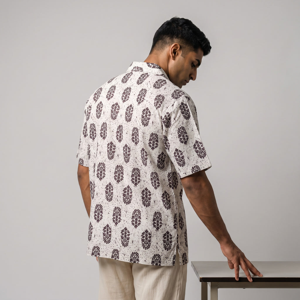 Men's Beige & Brown Abstract Block Print Cuban Collar Half Sleeve Shirt (6414)
