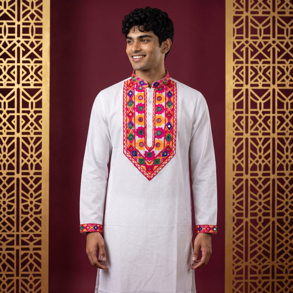 Men's Embroidered White Kurta (4124)